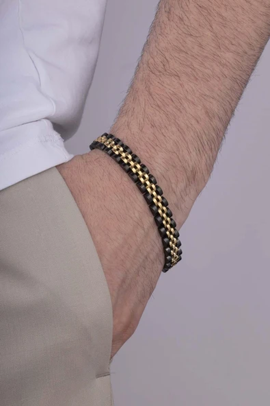 Gümüş Pazarım Altın Kaplama Çift Renk Kordon Model Çelik Erkek Bileklik ürün görseli 1