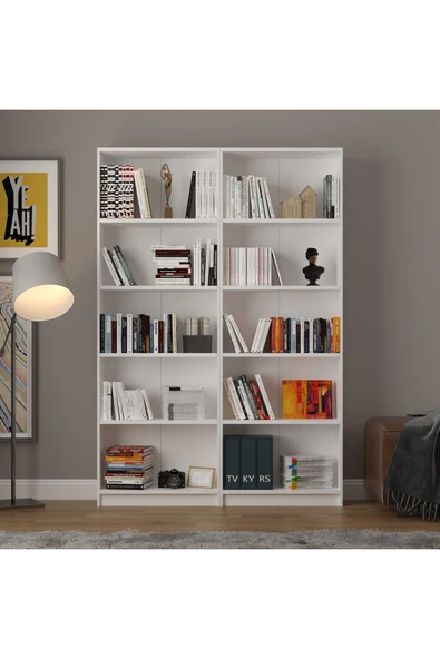5 Raflı (5 BÖLMELİ) 2 Modüllü Kitaplık Çalışma Odası Ofis Modern Dekoratif Kitaplık  Beyaz - Resim 2
