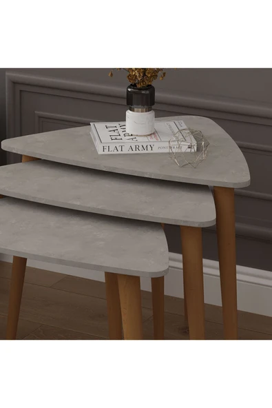 3’lü ÜÇGEN ZİGON SEHPA AHŞAP AYAKLI  RETRO GRİ - Resim 4