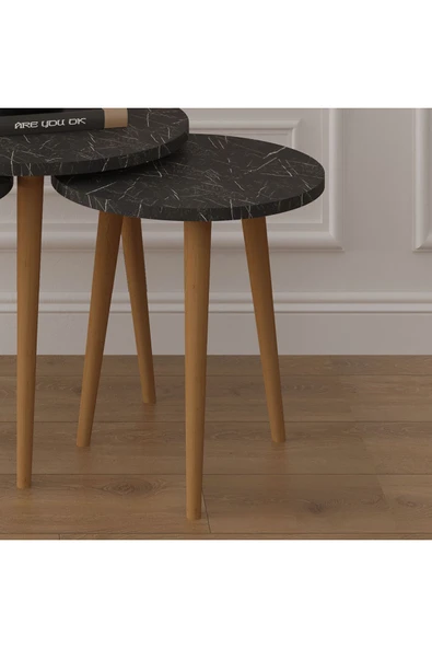 3’lü YUVARLAK ZİGON SEHPA AHŞAP AYAKLI  ROYAL MERMER - Resim 3