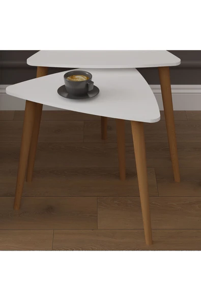 3’lü ÜÇGEN ZİGON SEHPA AHŞAP AYAKLI  BEYAZ - Resim 4