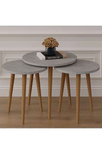 3’lü YUVARLAK ZİGON SEHPA AHŞAP AYAKLI  RETRO GRİ - Resim 2