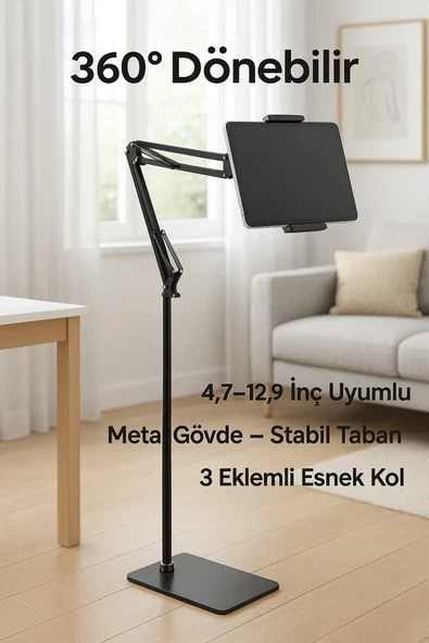 360 C Dönebilir Tablet ve Telefon Standı  Metal Gövde, 4.7 12.9 İnç Uyumlu, Esnek Kol ve Stabil Taban