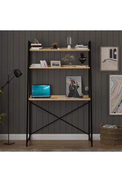 METAL KİTAPLIKLI ÇALIŞMA MASASI  Safir Meşe - Resim 3