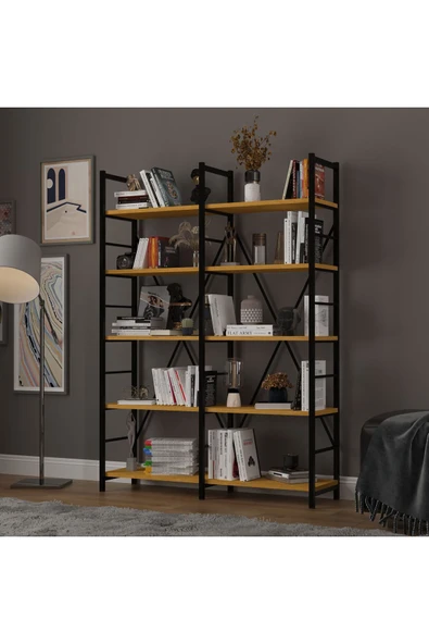 6 RAFLI METAL KİTAPLIK İKİ MODÜL  Afrika Ceviz - Resim 2