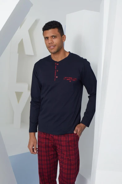 Kly 9223 Erkek %100 Pamuklu 4 Mevsim Kumaş Ekoseli Uzun Kollu Pijama Takım - 4