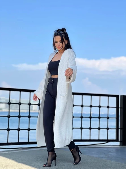 Yarasa kol uzun triko hırka beyaz - Resim 2