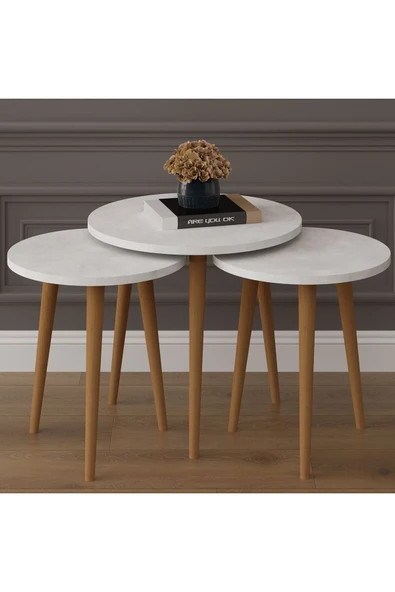 3’lü YUVARLAK ZİGON SEHPA AHŞAP AYAKLI  RETRO TAŞ - Resim 2