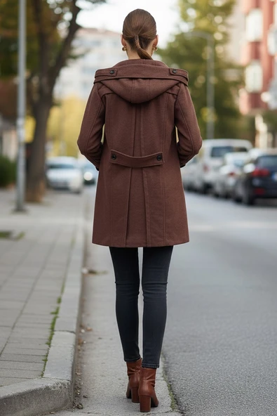 Yaka Detaylı Büyük Düğmeli Kaşe Kahverengi Kaban - Resim 11