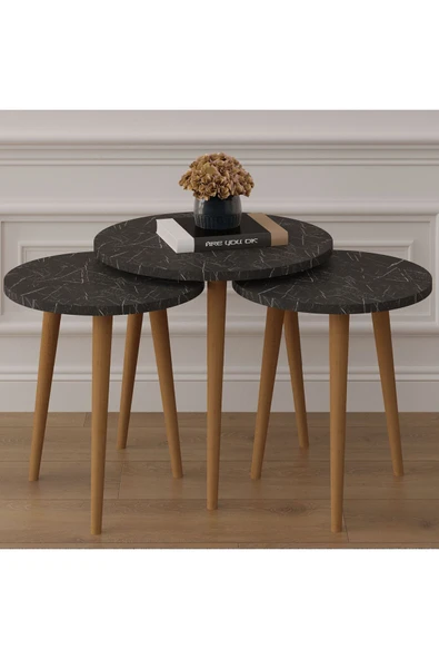 3’lü YUVARLAK ZİGON SEHPA AHŞAP AYAKLI  ROYAL MERMER - Resim 2