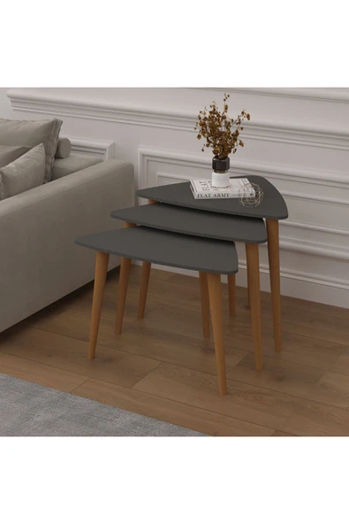 3’lü ÜÇGEN ZİGON SEHPA AHŞAP AYAKLI  ANTRASİT - Resim 2