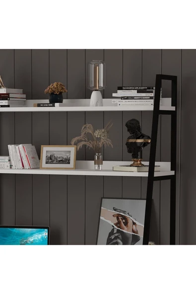 METAL KİTAPLIKLI ÇALIŞMA MASASI  Beyaz - Resim 6