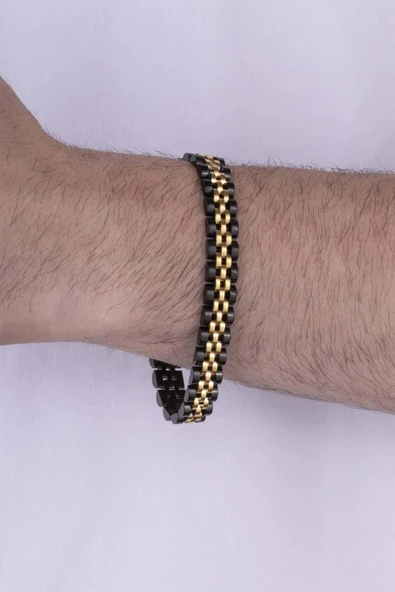 Gümüş Pazarım Altın Kaplama Çift Renk Kordon Model Çelik Erkek Bileklik - Resim 2