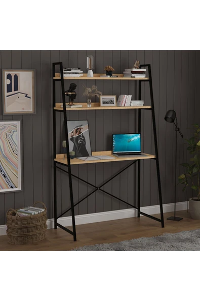 METAL KİTAPLIKLI ÇALIŞMA MASASI  Safir Meşe - Resim 4