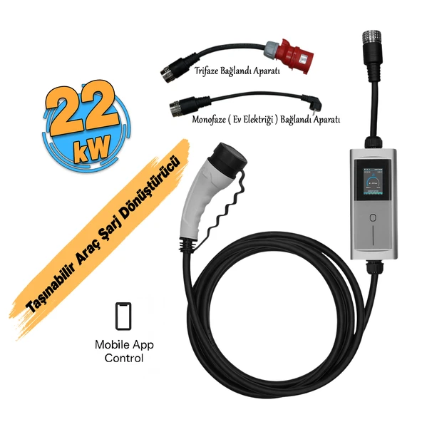 Taşınabilir Elektrikli Wallbox Araç Şarj Dönüştürücüsü Cihaz 22 kW Type-2 Soket Mobil Uygulamalı - Resim 3