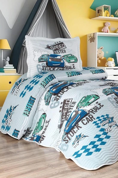 Oto Show Baskılı Kapitoneli Tek Kişilik Yatak Örtüsü Mavi ürün görseli