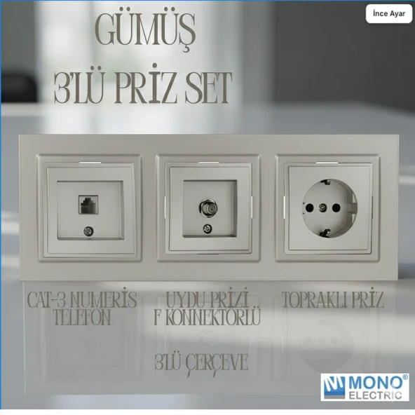 3'lü Set - Topraklı Priz, F Konnektör , Nümeris Cat3 Telefon Priz Set - Resim 4