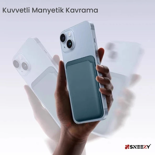 Sneezy İphone 13 Mini-13-13 Pro-13 Pro max Uyumlu Birinci Sınıf Magsafe Cüzdan Magsafe Deri Kartlık  Petrol Mavi - 5