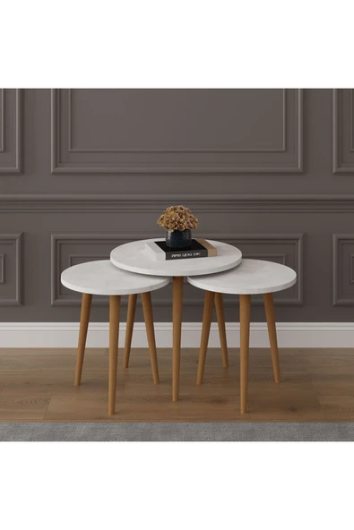 3’lü YUVARLAK ZİGON SEHPA AHŞAP AYAKLI  RETRO TAŞ ürün görseli