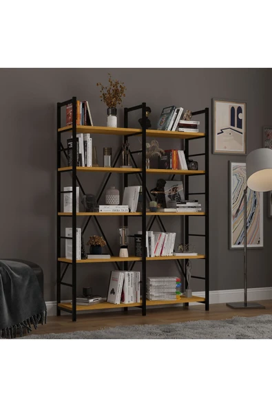 6 RAFLI METAL KİTAPLIK İKİ MODÜL  Afrika Ceviz - Resim 5