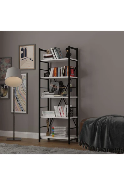 6 RAFLI METAL KİTAPLIK TEK MODÜL  Beyaz - Resim 2