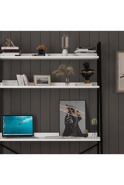 METAL KİTAPLIKLI ÇALIŞMA MASASI  Beyaz - Resim 5