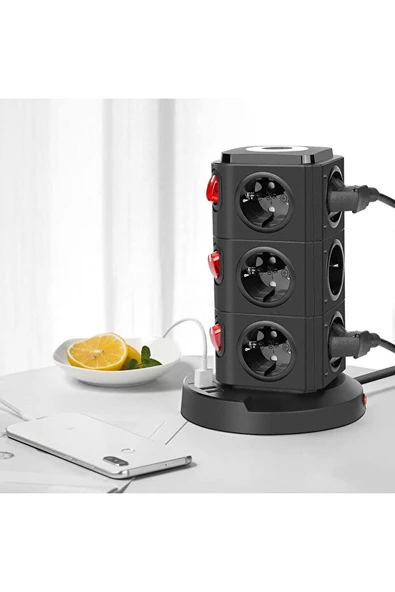 Dikey Kule Tipi Çoklu Priz  12 Priz Girişi, 3 USB Çıkışı, Anahtarlı, Güvenlik Korumalı - 3