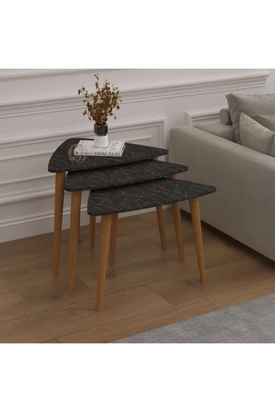 3’lü ÜÇGEN ZİGON SEHPA AHŞAP AYAKLI  ROYAL MERMER - Resim 3