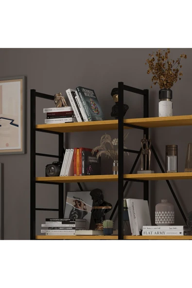 6 RAFLI METAL KİTAPLIK İKİ MODÜL  Afrika Ceviz - Resim 3