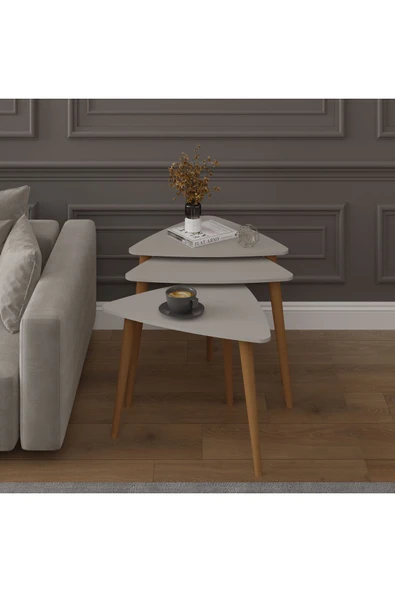 3’lü ÜÇGEN ZİGON SEHPA AHŞAP AYAKLI  KÜL GRİ ürün görseli