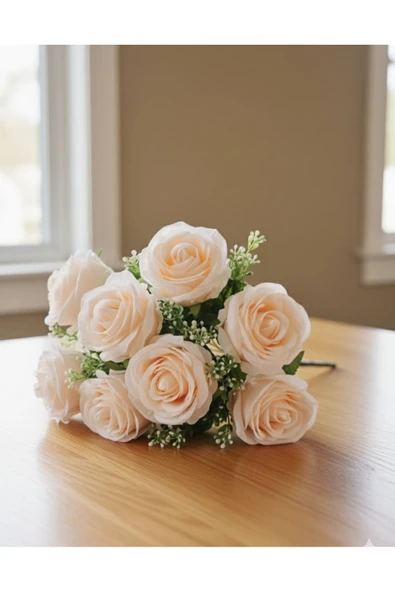 SOMON RENGİ 50 CM 10 KAFALI ZERAFET GÜLÜ dekor saksı masa üstü süsü