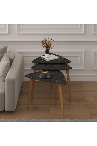 3’lü ÜÇGEN ZİGON SEHPA AHŞAP AYAKLI  ROYAL MERMER ürün görseli