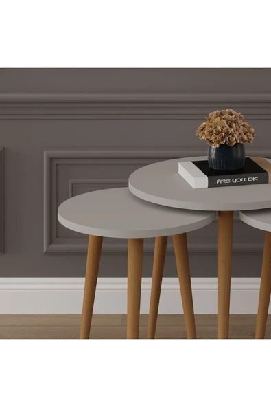 3’lü YUVARLAK ZİGON SEHPA AHŞAP AYAKLI  KÜL GRİ - Resim 4