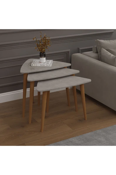 3’lü ÜÇGEN ZİGON SEHPA AHŞAP AYAKLI  RETRO GRİ - Resim 3