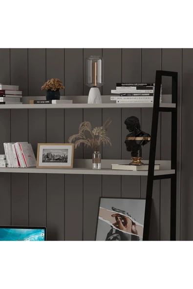 METAL KİTAPLIKLI ÇALIŞMA MASASI  Kül Gri - Resim 6