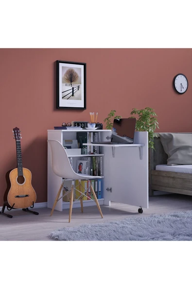 Çalışma Odası Fonksiyonel Kitaplık + Katlanır Masa MD002  Beyaz ürün görseli
