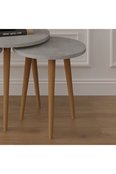 3’lü YUVARLAK ZİGON SEHPA AHŞAP AYAKLI  RETRO GRİ - Resim 3