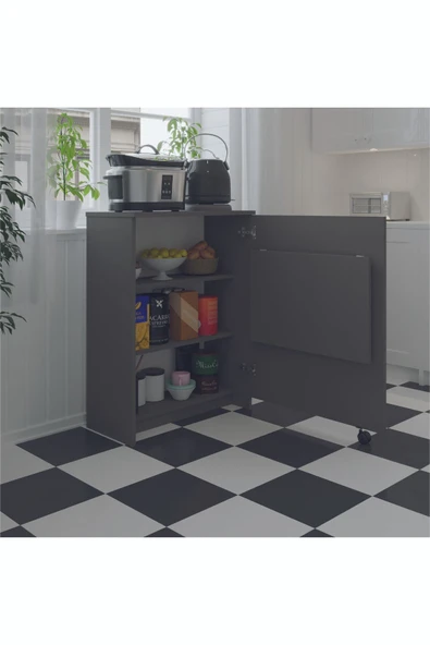 Mutfak Fonksiyonel Kiler Dolabı  Katlanır Masa  Antrasit Gri - Resim 3