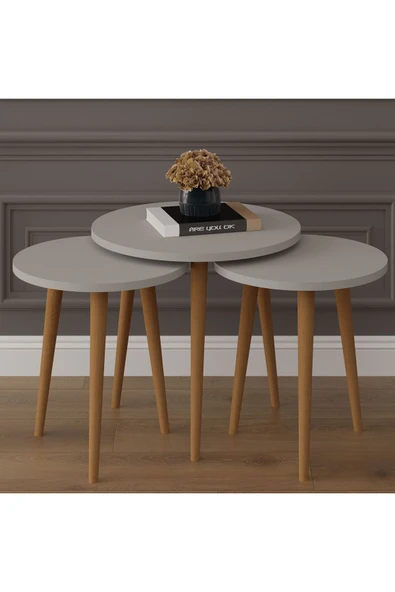 3’lü YUVARLAK ZİGON SEHPA AHŞAP AYAKLI  KÜL GRİ - Resim 2