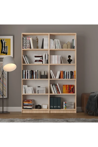 5 Raflı (5 BÖLMELİ) 2 Modüllü Kitaplık Çalışma Odası Ofis Modern Dekoratif Kitaplık  Safir Meşe - Resim 2
