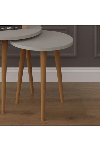 3’lü YUVARLAK ZİGON SEHPA AHŞAP AYAKLI  KÜL GRİ - Resim 3