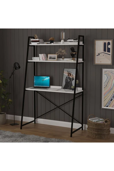 METAL KİTAPLIKLI ÇALIŞMA MASASI  Beyaz - Resim 2