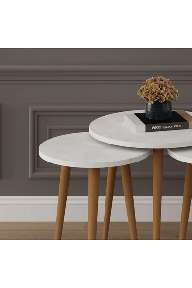 3’lü YUVARLAK ZİGON SEHPA AHŞAP AYAKLI  RETRO TAŞ - Resim 3