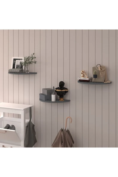 Doğal Modern Organizer Düzenleyici 3'lü Oval Dekoratif Kitaplık Banyo Mutfak Duvar Rafı  Antrasit - Resim 2