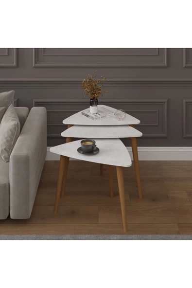 3’lü ÜÇGEN ZİGON SEHPA AHŞAP AYAKLI  RETRO TAŞ ürün görseli