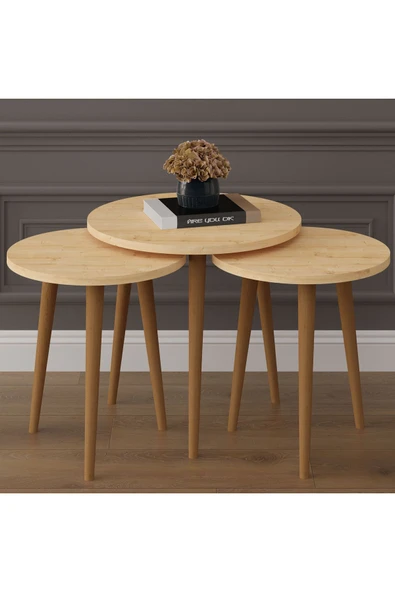 3’lü YUVARLAK ZİGON SEHPA AHŞAP AYAKLI  SAFİR MEŞE - Resim 2