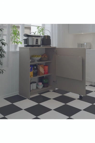 Mutfak Fonksiyonel Kiler Dolabı  Katlanır Masa  Kül Gri - Resim 2