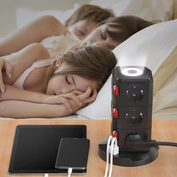 Dikey Kule Tipi Çoklu Priz  12 Priz Girişi, 3 USB Çıkışı, Anahtarlı, Güvenlik Korumalı - 2