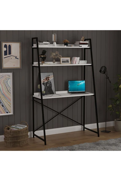 METAL KİTAPLIKLI ÇALIŞMA MASASI  Beyaz - Resim 4