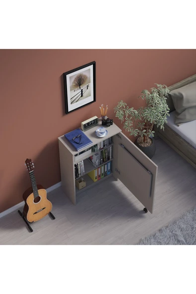 Çalışma Odası Fonksiyonel Kitaplık + Katlanır Masa MD002  Kül Gri - Resim 2